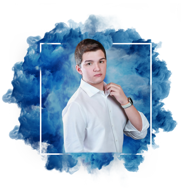 A man in a alice blue shirt with a thinking expression